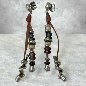 Uno de 50 silver hanging man brown leather glass Beaded dangle Earrings